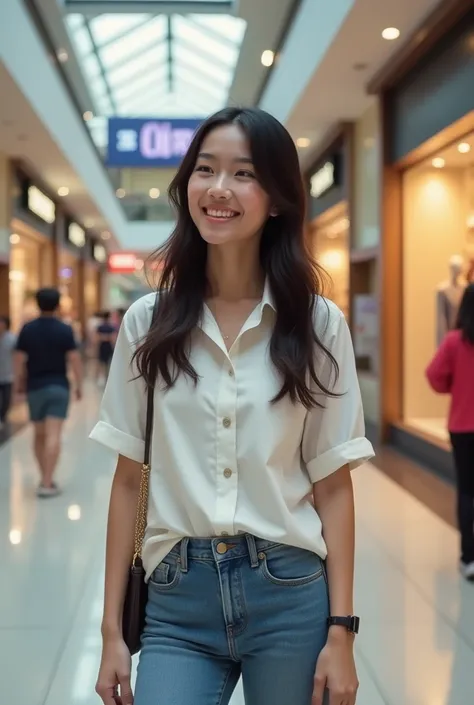 Realistic picture of a 30-year-old Thai woman wearing a white shirt, jeans, shopping at the mall