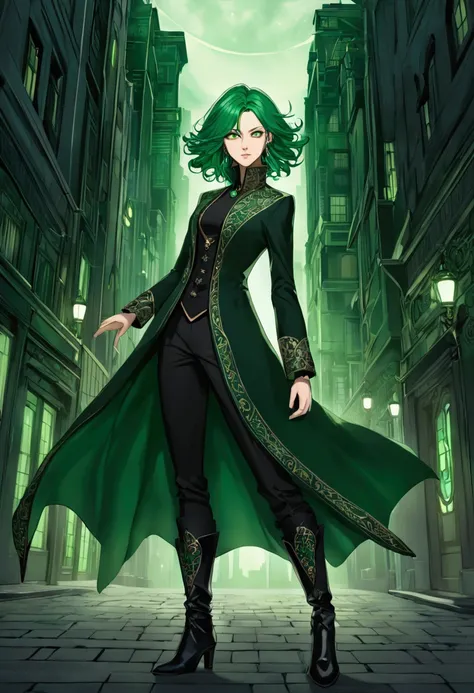 A detailed illustration of a character named Emera. She has sharp facial features with a small but well-defined nose, giving her a fierce and confident appearance. Her emerald-green hair is styled in a flowy and slightly tousled manner, with vibrant strand...