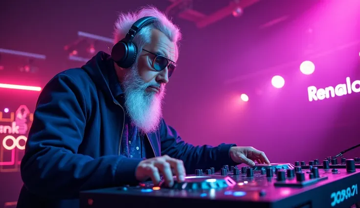  A vibrant and dynamic YouTube cover image for a DJ ,  themed video featuring an expensive elderly character Ismatic with a beard and well-cut, well-cut white hair,  using modern headphones and exuding energetic vibrations .  The background displays neon l...