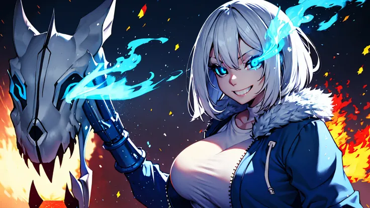 Sans Blue Jacket Black Shirt Fire Eyes Skull Smile Long Lashes White Short Hair Luminous Face Blue Dragon Skull Cannon One Person Standing In Snow Town Femininefull Super huge big breasts breast enlargement ultra-detailed, HDR, vibrant colors, soft lightin...