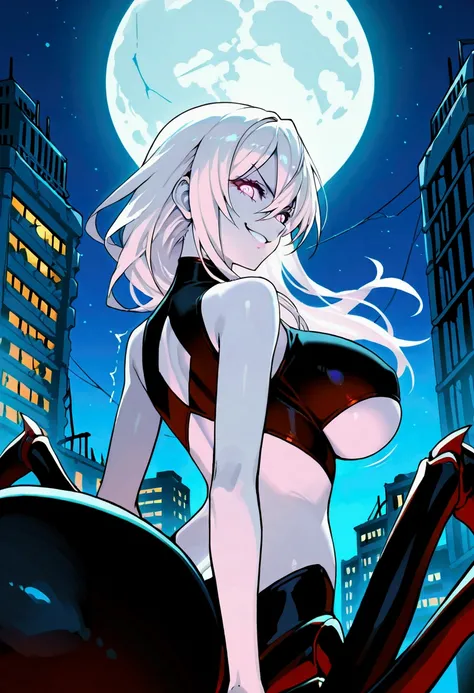 score_9,score_8_up,score_7, source anime, BREAK,1 girl, solo, spider girl, arthropod girl, pale white skin, white long hairs, demon_red-eyes, black clothes, revealing top skinsuit shoulder-less sleeveless shirt, underboobs, big large breasts, black arachni...