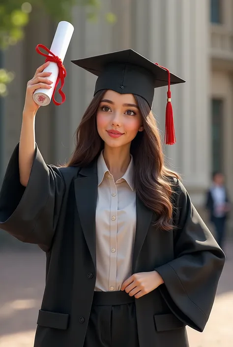 I want you to generate an image for me of a dark-brown-haired girl ,  dark brown eyes graduated from a university environment with a diploma in her hand in marketing and advertising