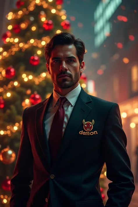 Here is the updated AI-generated image of a normal man wearing a suit with "Demon" embroidered on it, set against a festive Christmas background.