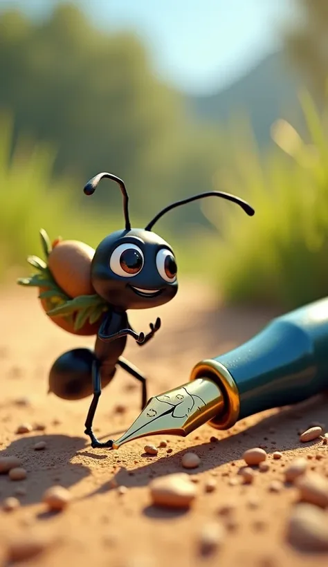 One day A small, determined-looking black ant with expressive eyes and tiny arms. It carries a piece of food or a leaf on its back to symbolize hard work. The ant should have a friendly and humble demeanor. Its movements are quick and purposeful, showing d...