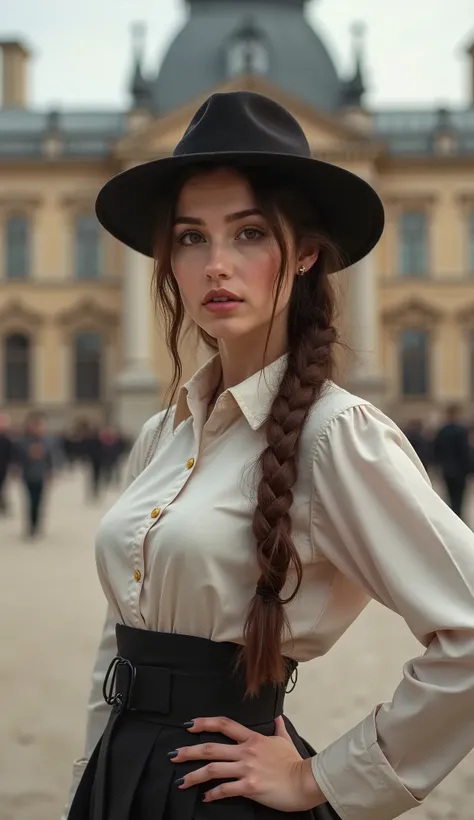 Create a realistic portrait of a young woman standing confidently in front of a grand building. She has long brown hair styled in a braid and is wearing an official alternate costume that adds a unique flair to her appearance. The woman stands solo, with o...