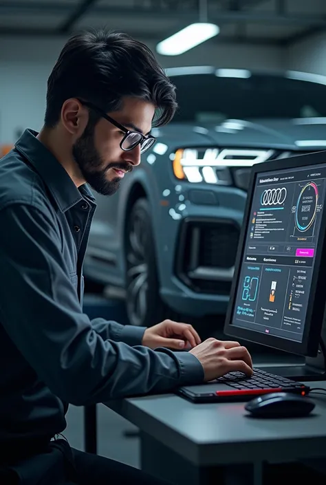 Un technicien cheveux et barbe noir, porte des lunette qui diagnostique avec un ordianteur une audi moderne. Ordinateur et face avant de la audi visible sur limage. Ordinateur visible et capot ouvert.