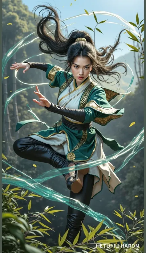 "A hyper-realistic depiction of a fierce and powerful airbender woman. She has a dynamic and intense expression, with wind swirling visibly around her. The woman is floating slightly above the ground, gracefully controlling the air with her hands. Her flow...