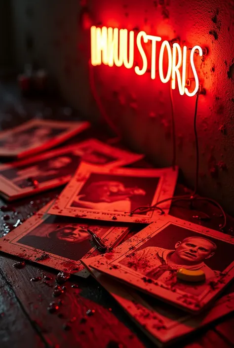 teXtura de tablero de corcho oscuro ,  showing bloodstained photographs Channel name neon sign INVICTUSSTORIES,   brilliant red typewriter fountain  , geographical type sign with while the watermark KAROLCHRISTIAN DOMINGUEZ appears at the bottom in lower c...