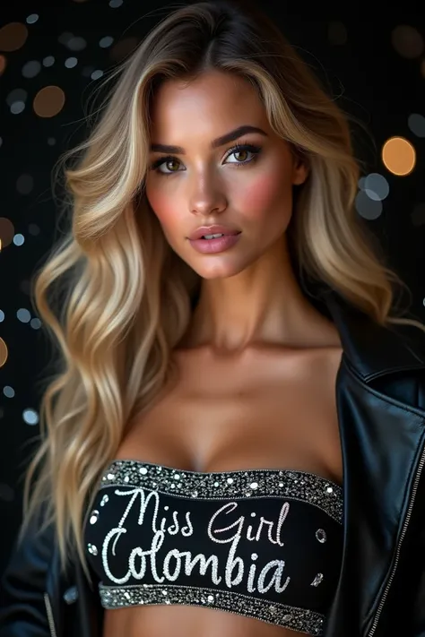 Woman Kendall ,  black eyes,  shiny lips , blush,  shiny skin and long light blond hair on a shiny black background image with sparkle before silver lights, with an innovative attitude with lingerie wearing a faux leather coat with a Miss Universe band on ...