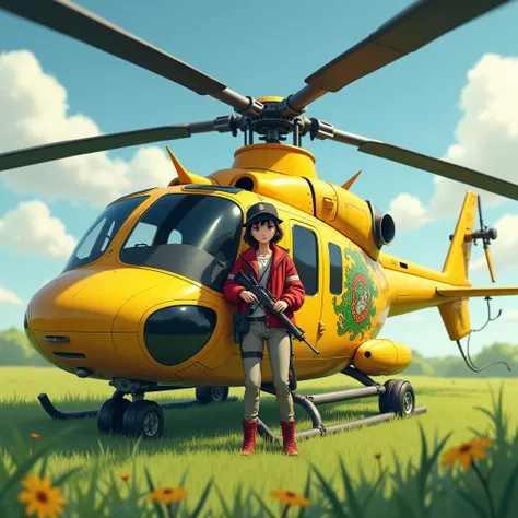  landscape of a girl with black eyes , wearing a red jacket panniang ash pants red shoes carrying a rifle, sitting on a yellow helicopter dragon sticker ,parking in a green field ,afternoon,realistic