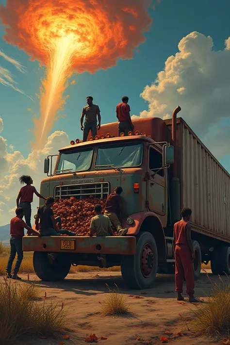 Black people Who is eating a truck and a fireball is in the sky 