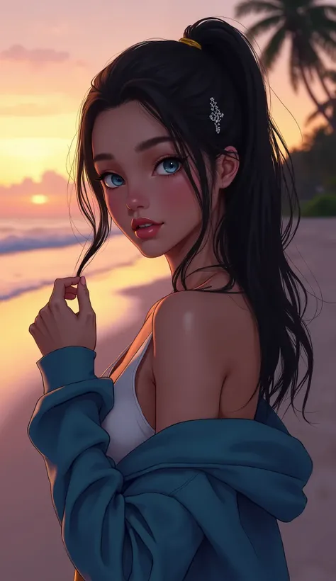 Create a captivating image of a young woman standing solo on a serene beach at sunset. She has long, flowing black hair styled in a ponytail with sidelocks framing her face, and a delicate hair clip adds a touch of elegance. Her striking blue eyes gaze dir...