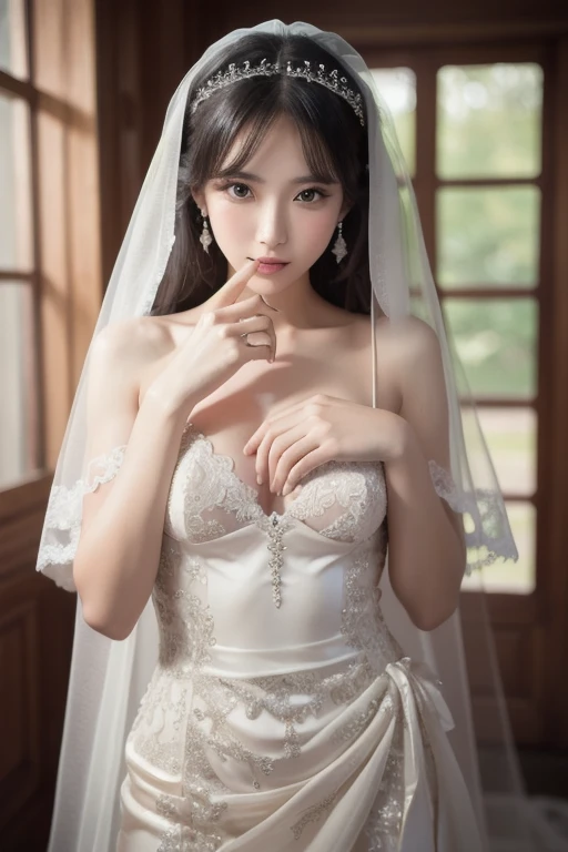 (  masterpiece on penis ),  top quality,  top quality,  High Definition CG Unity 8k Wallpaper ,  original ,  high definition , ( depth of field: 1.5), Faithfulness: 1.3, chest, bride portrait style,  1 girl, curtain, Veil , bridal Veil,  wedding dress with...