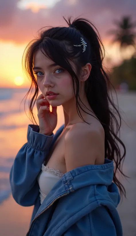 Create a captivating image of a young woman standing solo on a serene beach at sunset. She has long, flowing black hair styled in a ponytail with sidelocks framing her face, and a delicate hair clip adds a touch of elegance. Her striking blue eyes gaze dir...