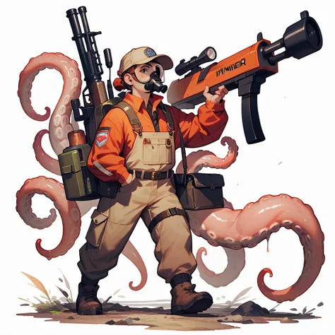 A miner with a gun and gas mask,  game character design,  tentacle bio mix , pink octopus miner， character design sheet ， white background