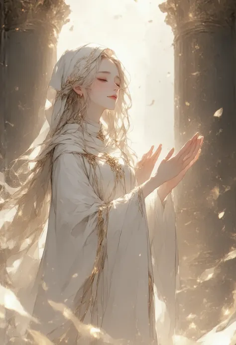 masterpiece, best quality, highres, ultra-detailed, cute anime style, young woman, blonde, long hair, priests hat, clerical costume, standing on the sacred altar and offering prayers,, eyes closed, sacred atmosphere, floating particles of light, Meticulous...