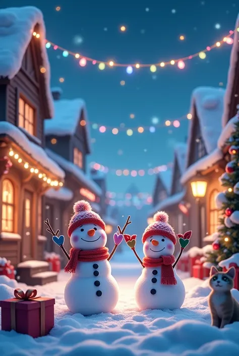 : Snowy Night Town 、 colorful illuminations 、 snowmen are waving their hands in a fairytale-like atmosphere、In a fairytale-like atmosphere、 Christmas Gifts、cat