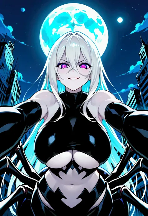 score_9,score_8_up,score_7, source anime, BREAK,1 girl, solo, spider girl, arthropod girl, pale white skin, white long hairs, demon_red-eyes, black clothes, revealing top skinsuit shoulder-less sleeveless shirt, underboobs, big large breasts, black arachni...