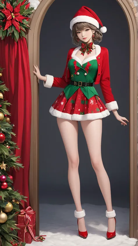 (( top quality)), ((masterpiece)), (Details), woman, Christmas outfit, full body shot,