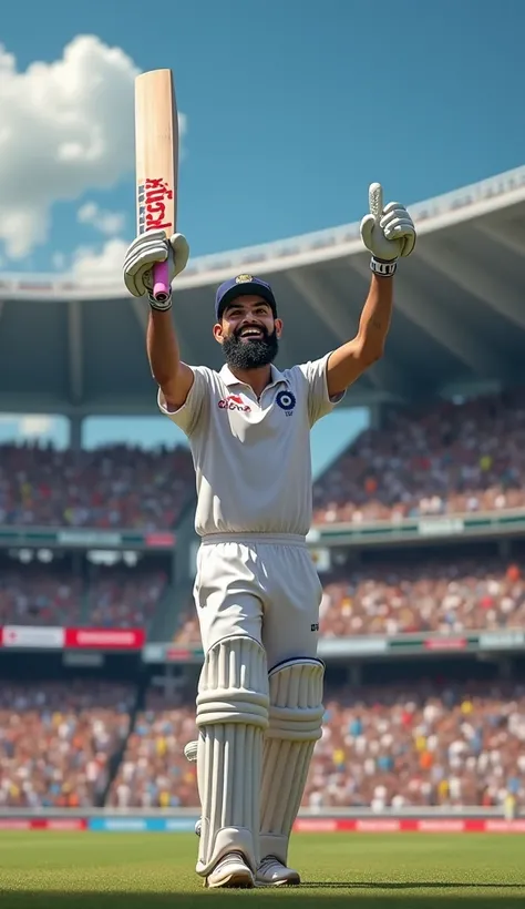 "Virat Kohli raising his bat after a century, with a roaring crowd behind him."