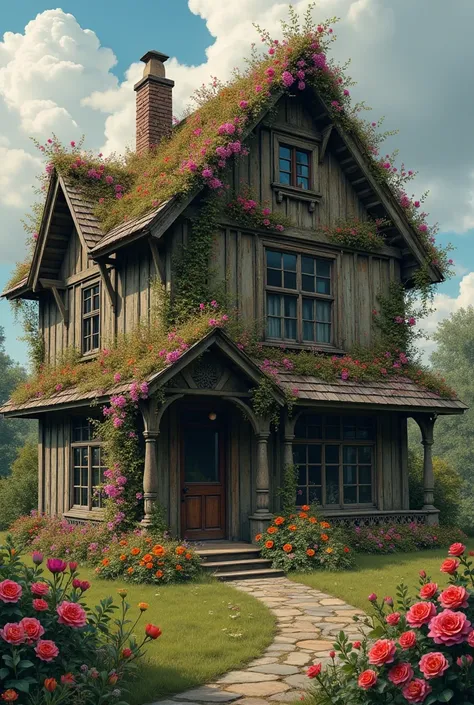 A very old house with walls of flowers.