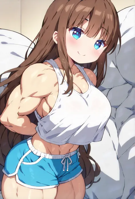 ((best quality)), ((masterpiece)), (detailed), (perfect anatomy), (exquisite clothing);
Bedroom, morning;
1girl, solo;
Perfect face, brown hair, very long hair, fanged bangs, sidelocks, blushing, perfect eyes, blue eyes, black pupils;
Happy, smile, closed ...