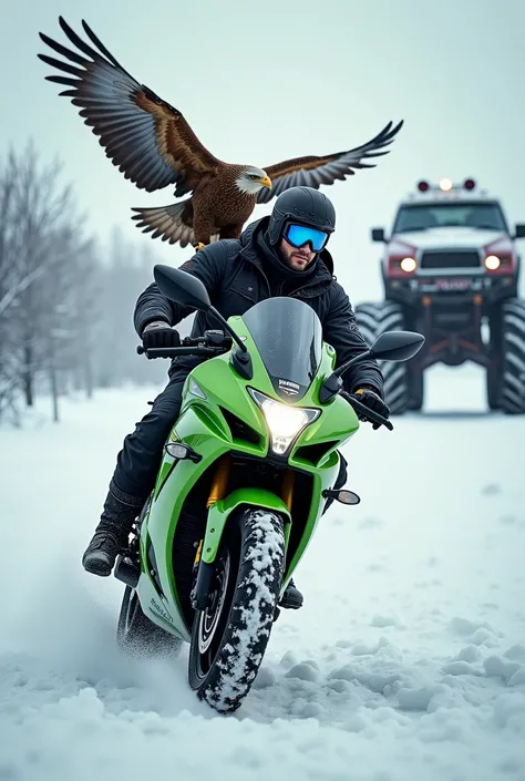 A man is riding a bike Kawasaki ninja in a snowy area with an eagle perched on his shoulder and a monster truck parked nearby. Very realistic image