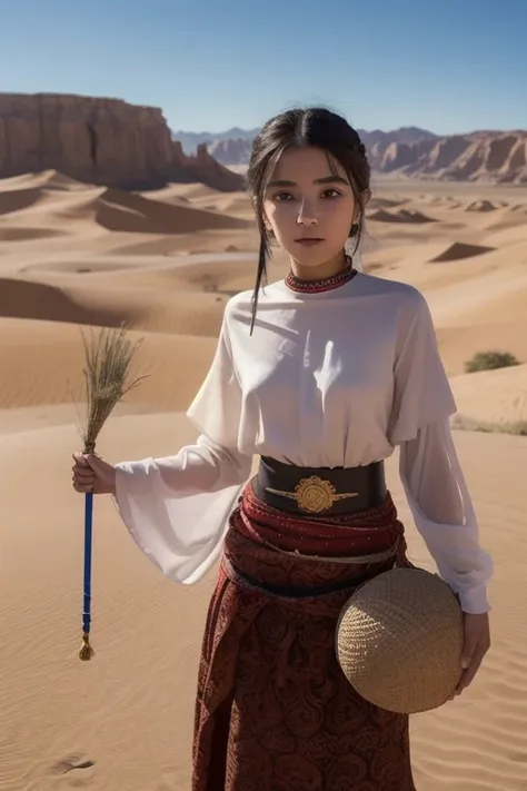  Alafi woman in traditional costume holding a small drum in the desert, Young woman in shaman costume, Girl with a sphere, movie「Silk Road」Scenery of, Beautiful young people,   in an ancient black and red damask, Ancient Princess Reeve, The deserts vanishi...