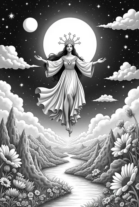 An imaginative and intricate black-and-white ballpoint pen drawing titled “In the World of Dreams, I am a God.” The artwork features a central figure, depicted as a whimsical deity, floating gracefully above a fantastical landscape filled with dreamlike el...