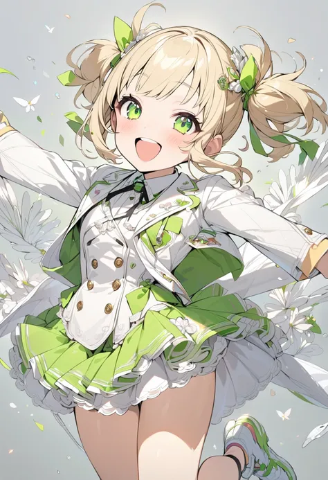 masterpiece, best quality, ultra detailed, a girl, happy, jumping, looking at viewer, short twintails, blunt cut, blonde, green eyes, suit, skirt, gray background, flat background, cute, kawaii, anime