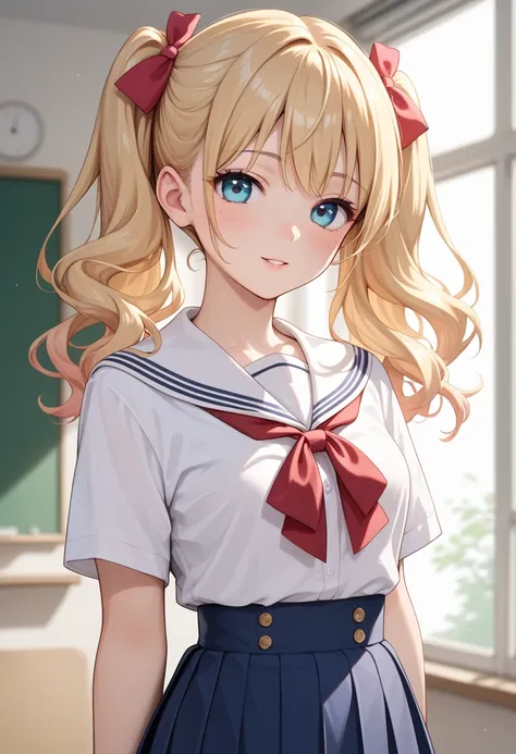 score_9, score_8_up, score_7_up, beautiful, perfect eyes, Japanese schoolgirl with long wavy blonde hair tied in twin tails, wearing a stylish summer school uniform, very small bust, anime-style, waist-up, vibrant lighting, blurred neutral backdrop