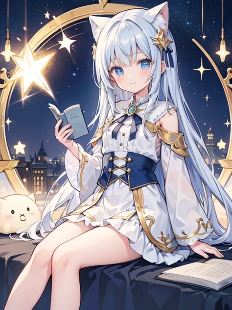  Wizard,  girl,smile,  sitting,I am reading,  Europe,  the cutest in the world  ,  Details Eye ,  detailed face  , starry sky ,  has a glittering night view ,Brilliant Light, beautiful detailed glow photorealistic:2.0, masterpiece,  top quality,  very deta...