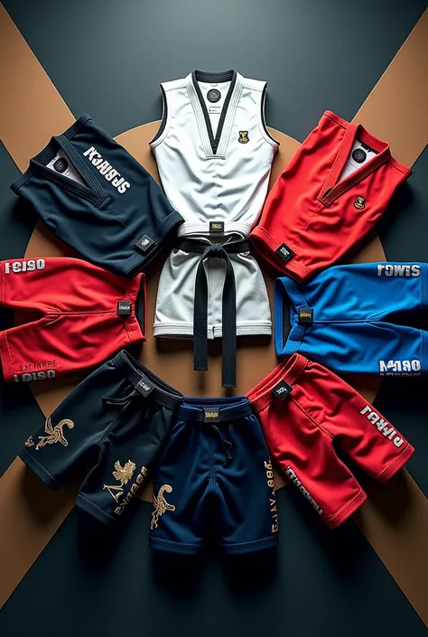 create a round picture of shorts rash guard and singlets and Bjj gi suit and bags and Muay Thai hanging on the wall with unique background