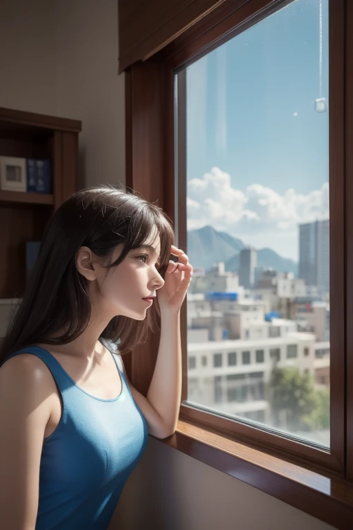 Image of Arafet, a girl in a red and blue outfit, looking out a window, Vojtek Fuss, Lostrun 8k, cgsociety 8 k, cgsociety 8k, cgsociety 8k,  realistic anime 3D style , Artgerm and Atey Ghailan , ilya kuvshinov. 4k yen,  Film CG Association , cgsociety Insp...