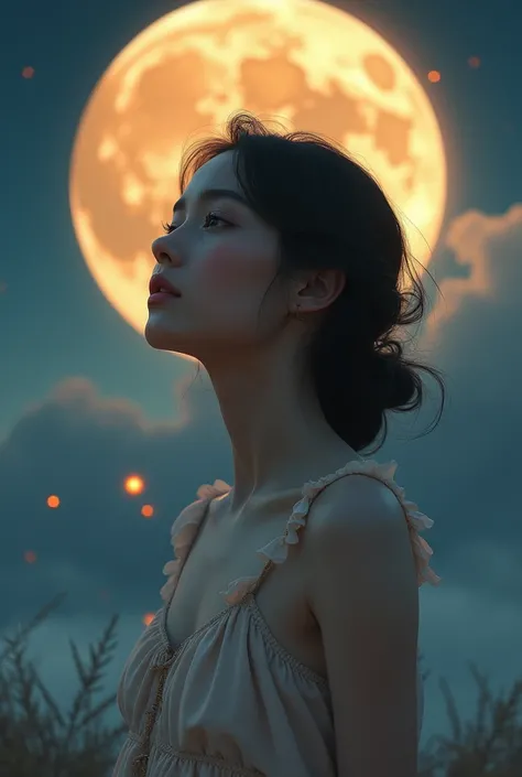 a beautiful girl wearing a nightgown, extremely detailed lips, a massive moon, night sky, surrealism, best quality, 4k, 8k, highres, masterpiece:1.2, ultra-detailed, realistic:1.37, HDR, UHD, studio lighting, ultra-fine painting, sharp focus, physically-ba...