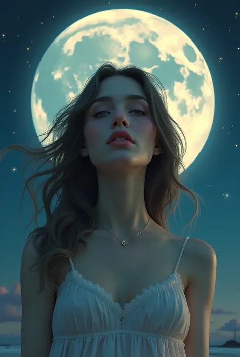 a beautiful girl wearing a nightgown, extremely detailed lips, a massive moon, night sky, surrealism, best quality, 4k, 8k, highres, masterpiece:1.2, ultra-detailed, realistic:1.37, HDR, UHD, studio lighting, ultra-fine painting, sharp focus, physically-ba...