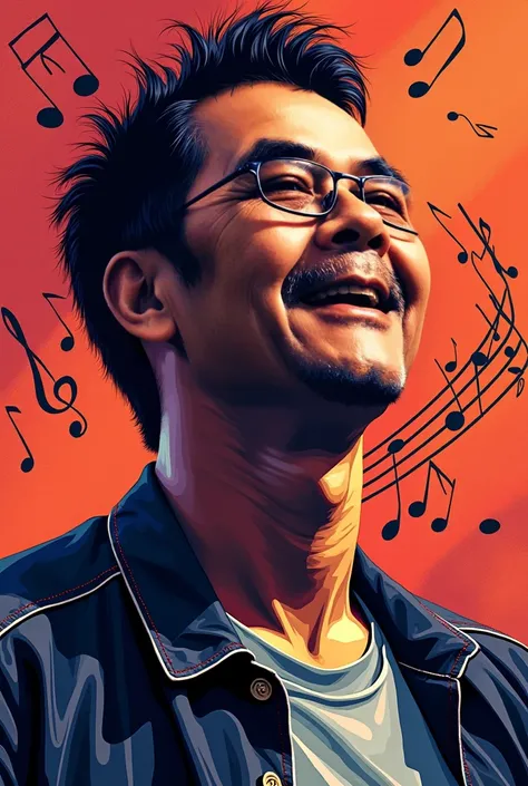 45 year old Indonesian man concept poster, half body portrait on musical notes, digital artwork by tom whalen, bold lines, bright, saturated colors, wpap, detail fac, Bright color palette
INFORMATION