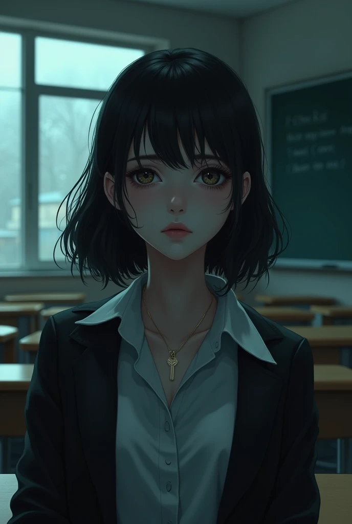 A dark beautiful animated lady in highschool and in her classroom