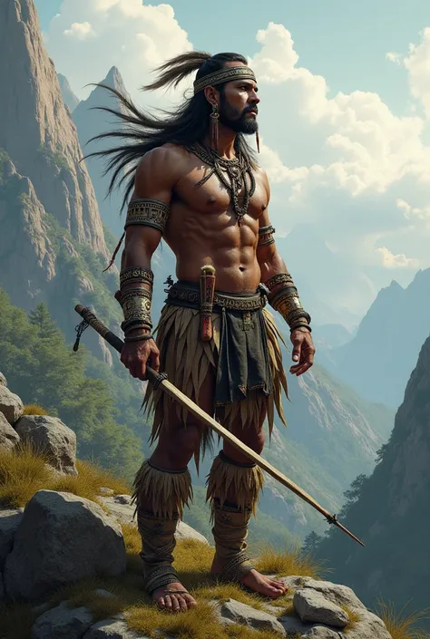 An indigenous warrior ,  standing on a natural landscape and holding a bow or spear.  His gaze is fixed on the horizon ,  symbolizing resistance over time .