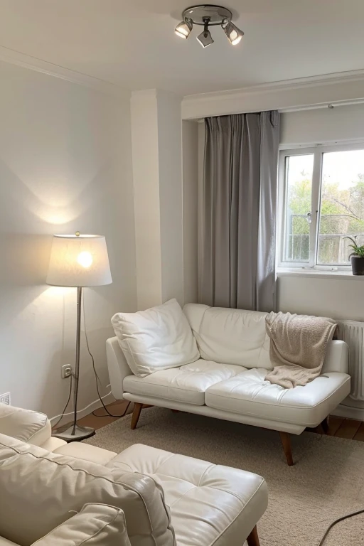 The living room has a white sofa in the middle of the room. You can see a hanging lamp. 