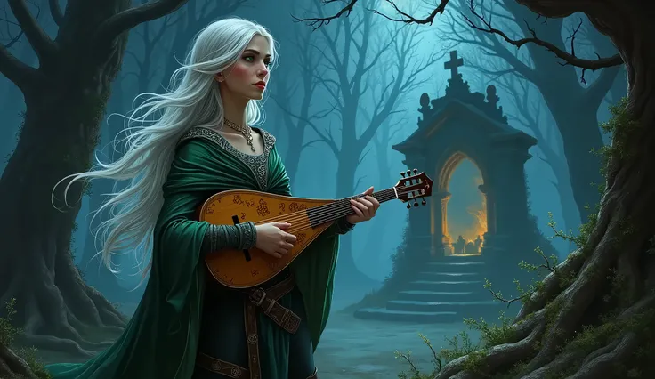 Create a dark fantasy illustration of Elowen Starwhisper, the half-elf bard. She stands in a shadowy, enchanted forest, where the trees loom tall and twisted, their gnarled branches reaching out like skeletal fingers. The atmosphere is thick with mist, and...