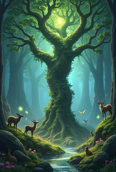 Create a forest with a magic tree and animals