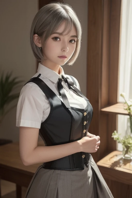  girl, Gray-haired,  shorthair, Yellow Eyed ,  small breasts, Cat hair ornament, sidelocks, Gray-haired,  shiny hair, uniform, ( golden eyes: 1.2), (Two long triangular extensions on the skirt, abdominal vest corset), White buttons on the best corset, ( Sh...