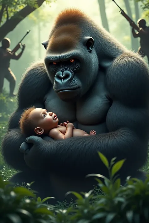 A powerful and emotional scene showing a large silverback gorilla in a lush jungle habitat, gently cradling a small, wide-eyed  in its massive arms. The gorilla looks protective but calm, with its deep, intelligent eyes conveying both strength and vulnerab...