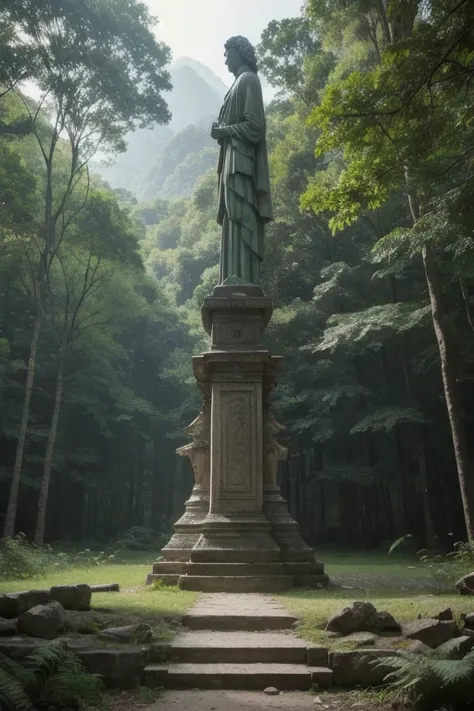 There is a stone statue in the middle of the forest, Virtual Unreal,  promotional movie from a live action film Still , By Simon de Vlieger, Ruins,  by Victor Manuel García Valdez, Aspect Ratio 16:9, PS3 Graphics, Quetzal, Cinema stills, Film stills,  insp...