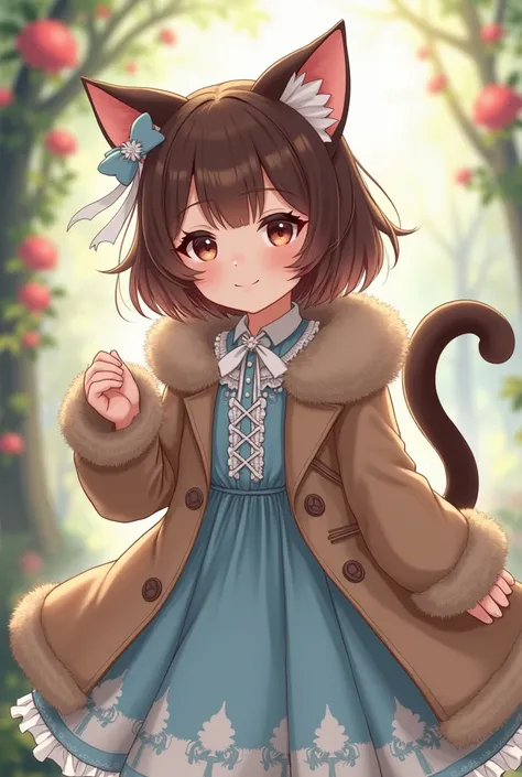 A girl with a cats ear has brown hair she wears blue Lolita clothes with white details and a white ribbon on the collar she also has a brown cats coat with a bow on her ear and tail 