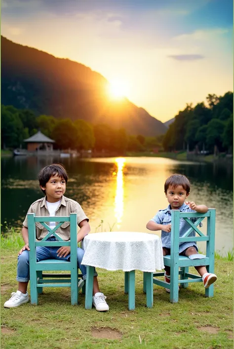 there are two ren sitting at a table on the grass, an album cover by irakli nadar, pexels contest winner, realism, sitting in front of a lake, golden hour photography, magic hour photography, outdoor fine art photography, sun down, portrait shot, photo por...