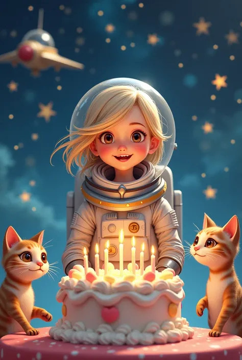 A fair-haired girl with brown eyes, a birthday astronaut with a spaceship and two hawksbill cats with a birthday cake 