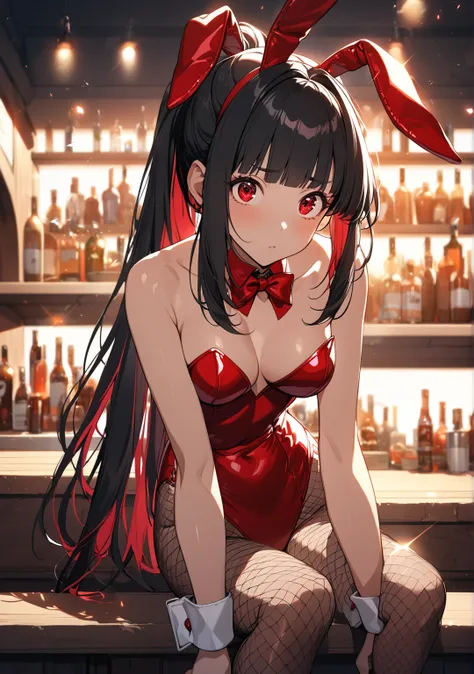 1 girl, Game CG, dynamic angle, looking confused, with one hand resting on the back of their head, bar counter, 

(Black Hair, dark scarlet inner color, straight hair, high band ponytail, Average bangs, Red Eyes, Round eyes , Clear and Innocent eyes,)

(pl...