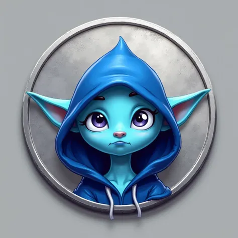 A 2D illustration of a blue alien with a hood, its face engraved on a silver coin, showing only the face, featuring the appearance of characters from Cartoon Networks Adventure Time animations, with pointed ears.